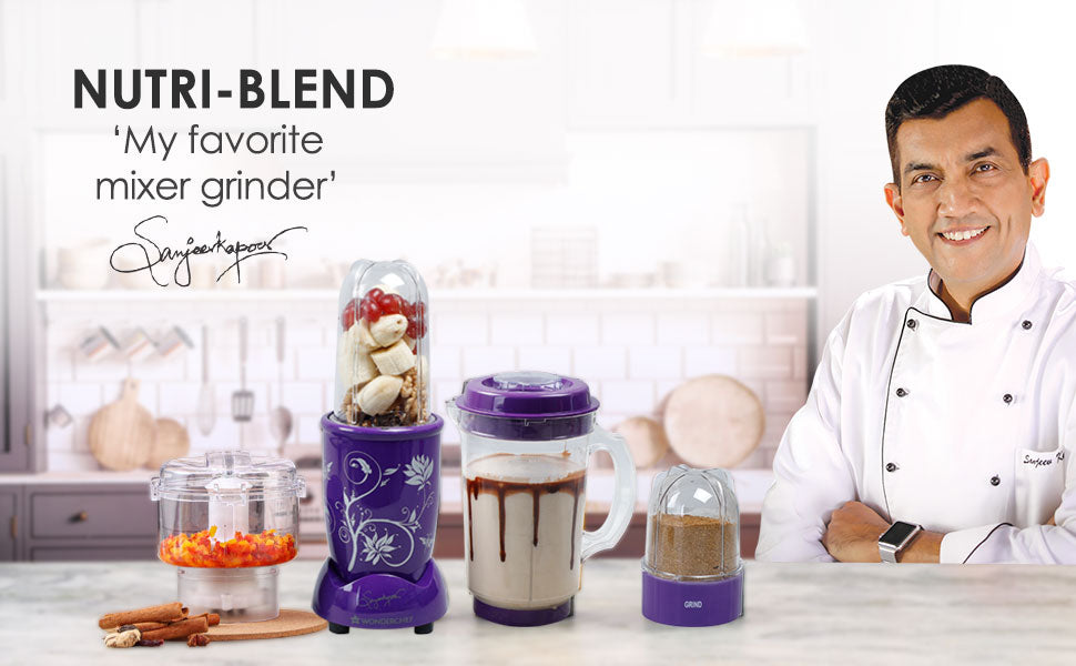 Nutri-blend Complete Kitchen Machine, 400W, 22000 RPM 100% Full Copper Motor, Mixer-Grinder, Blender, Chopper, Juicer, SS Blades, 4 Unbreakable Jars, 2 Years Warranty, Purple, Recipe Book By Chef Sanjeev Kapoor